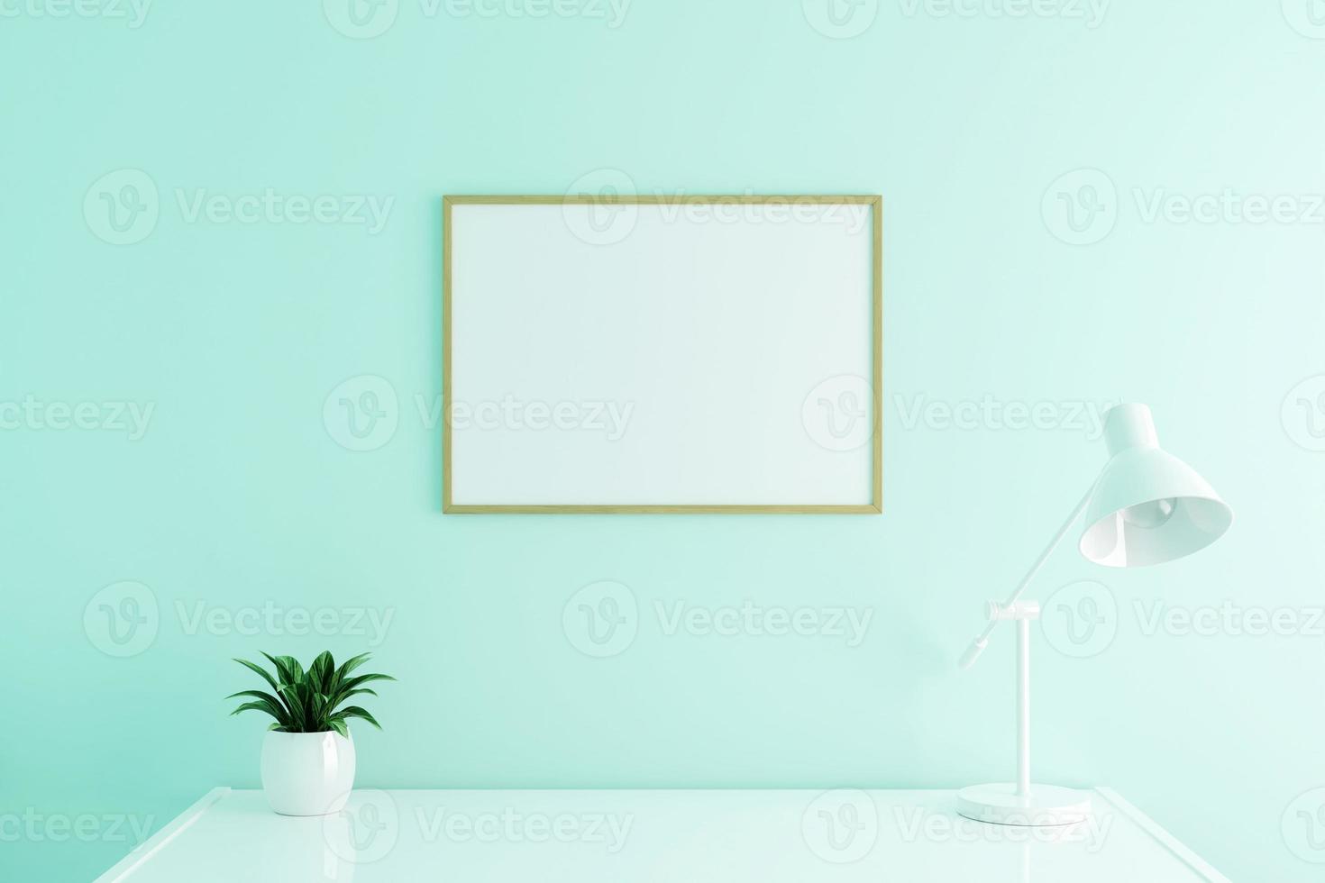 horizontale houten poster frame mockup op werktafel in woonkamer interieur op lege witte kleur muur achtergrond. 3D-rendering. foto