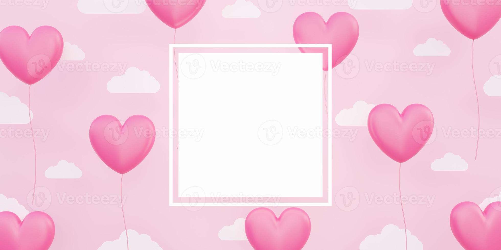 Valentijnsdag, 3d roze hart zwevend in de lucht met papieren wolk, lege ruimte voor tekst en frame foto