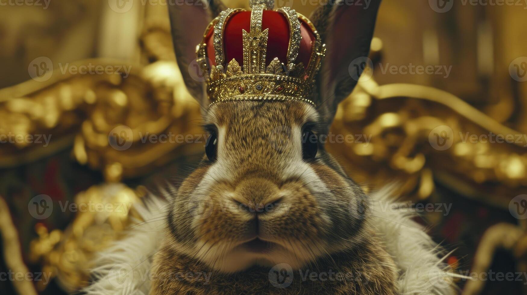 ai gegenereerd dichtbij omhoog dik gember konijn met een gouden kroon. gelukkig ester dag foto