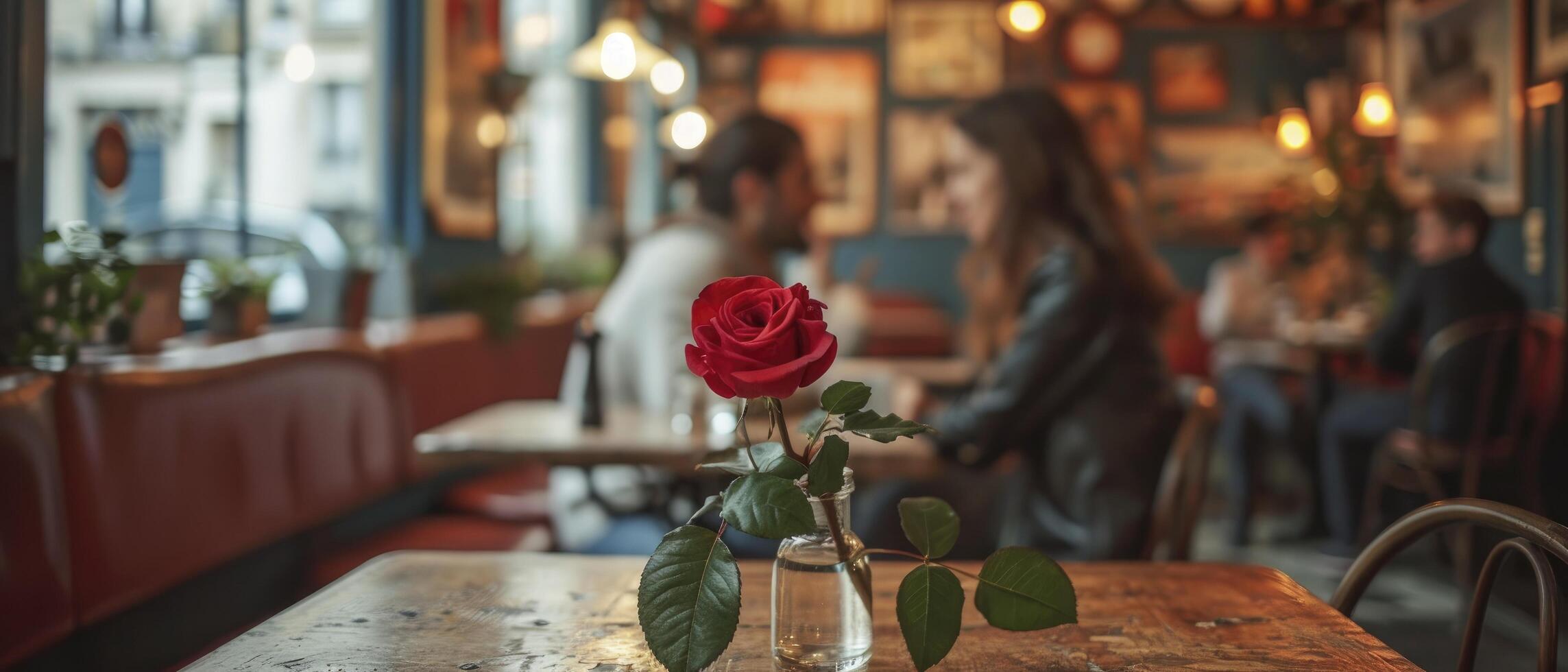 ai gegenereerd liefde in bloeien. een paren romantisch intermezzo in een vreemd cafe, geaccentueerd door een rood roos, creëren een perfect moment voor valentijnsdag dag. foto