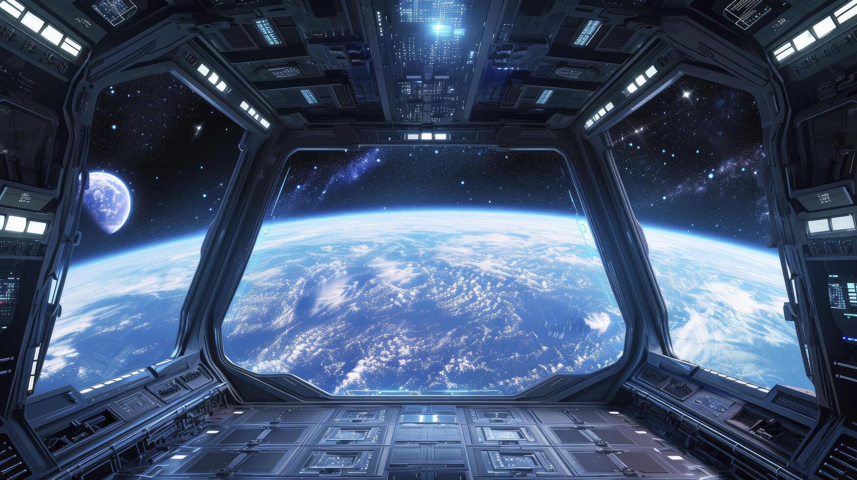 ai gegenereerd ruimteschip futuristische interieur met visie Aan planeet aarde. foto