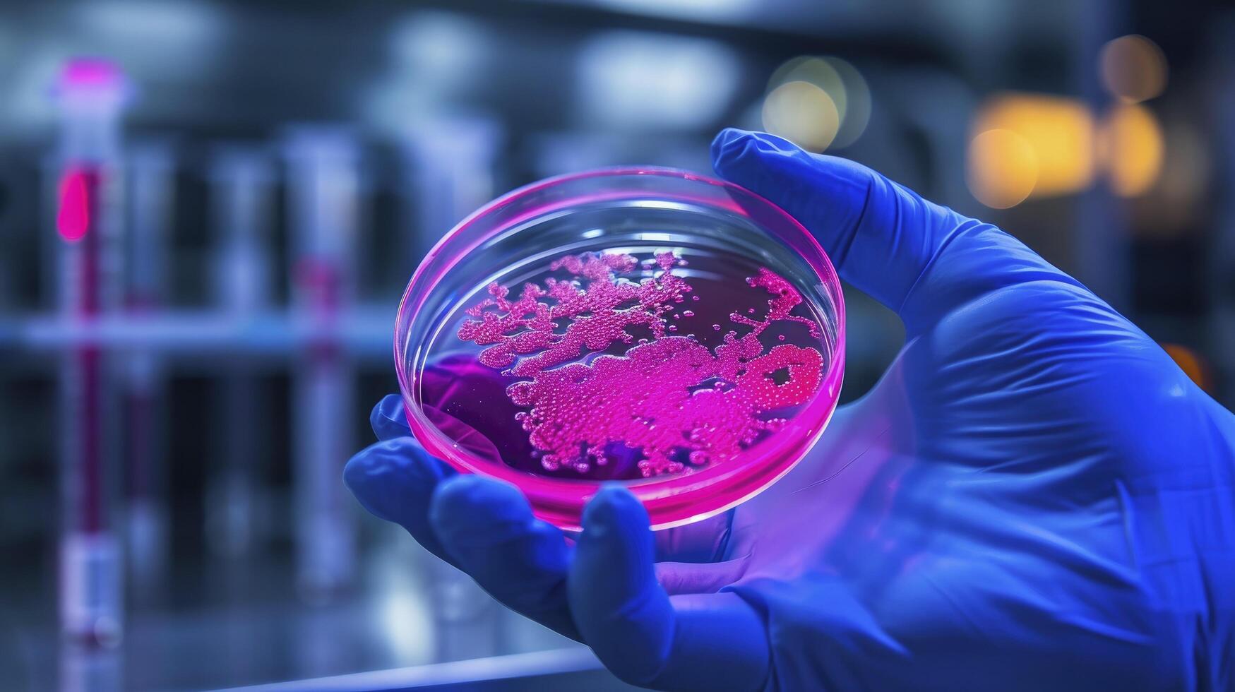 ai gegenereerd gehandschoende hand- Holding Petri schotel met bacterie cultuur foto