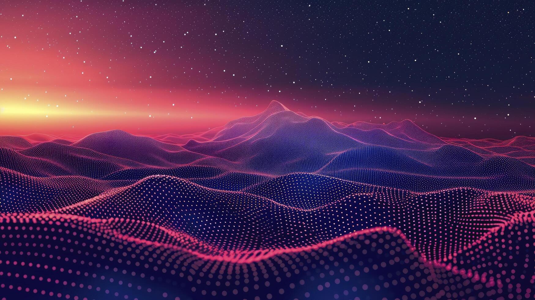 ai gegenereerd abstract digitaal landschap met deeltjes dots en sterren Aan horizon. wireframe landschap achtergrond. groot gegevens. 3d futuristische illustratie. 80s retro sci-fi achtergrond foto