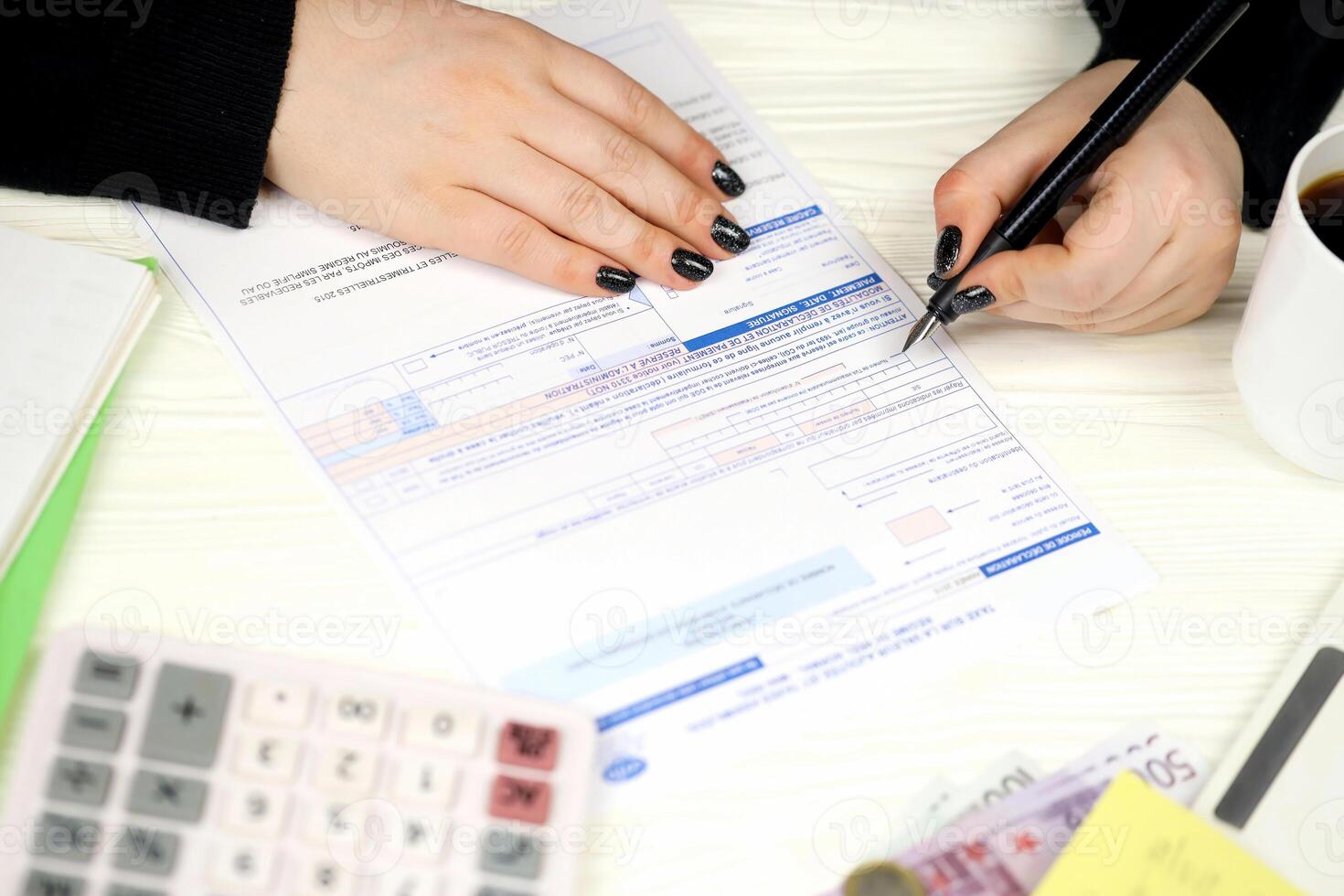accountant vullen Frans belasting het formulier 10963 waarde toegevoegd belasting en vergelijkbaar belastingen in einde van belasting periode. belastingheffing en papierwerk routine- foto