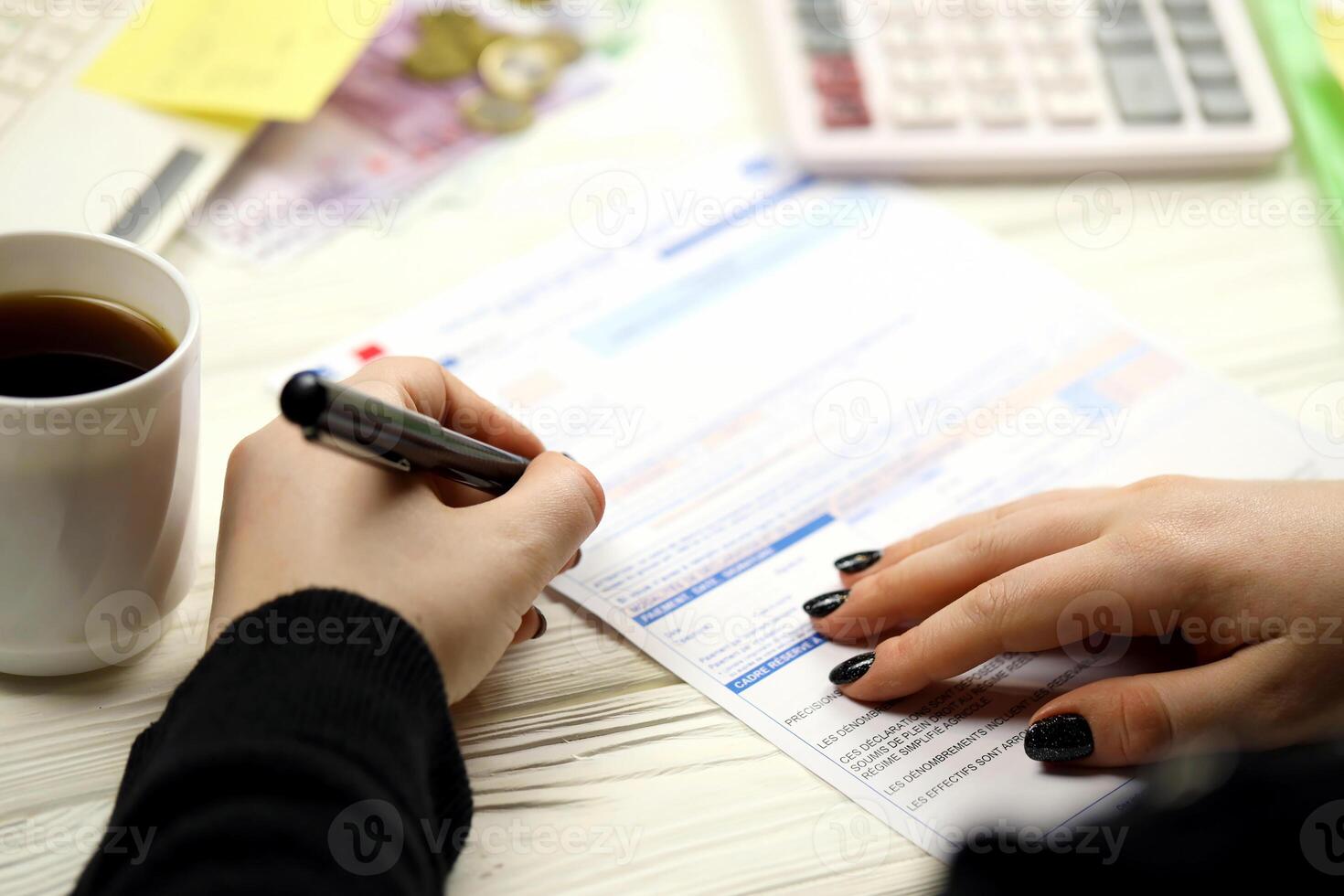 accountant vullen Frans belasting het formulier 10963 waarde toegevoegd belasting en vergelijkbaar belastingen in einde van belasting periode. belastingheffing en papierwerk routine- foto