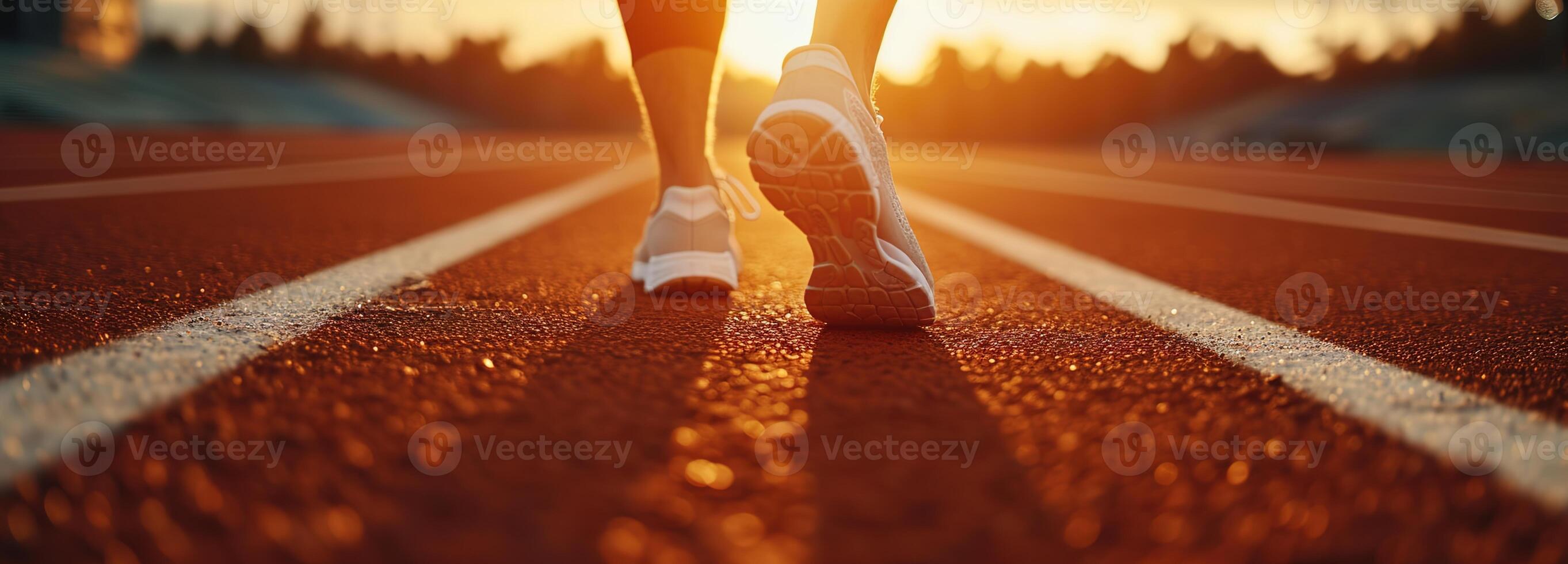 ai gegenereerd mannetje atleten voeten in rennen schoenen Aan stadion beginnend lijn, klaar voor bijhouden en veld- evenement, vastleggen essence van sport- toewijding en marathon voorbereiding, loper en Gezondheid concept foto