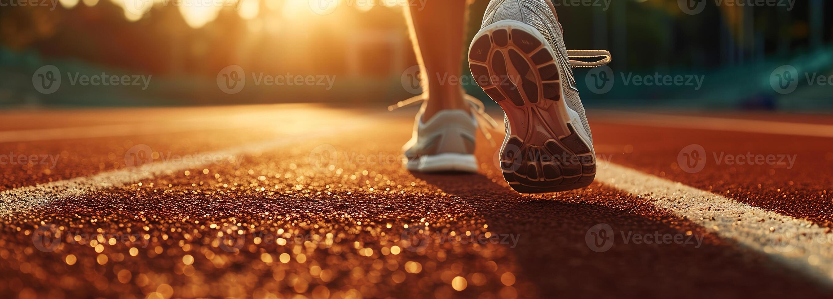 ai gegenereerd mannetje atleten voeten in rennen schoenen Aan stadion beginnend lijn, klaar voor bijhouden en veld- evenement, vastleggen essence van sport- toewijding en marathon voorbereiding, loper en Gezondheid concept foto