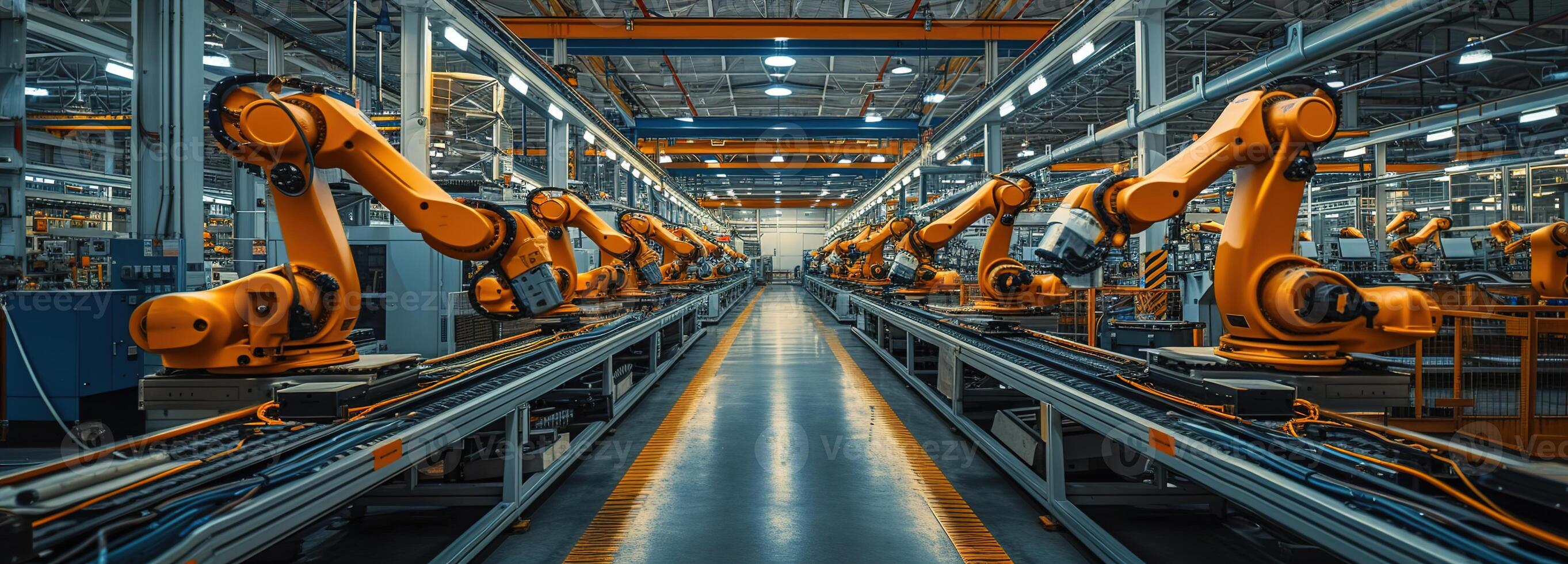ai gegenereerd verkennen robot werkwijze automatisering in grootschalige fabrieken, revolutionair rendement met Geavanceerd robotica en middag licht verlichting voor optimaal operatie foto