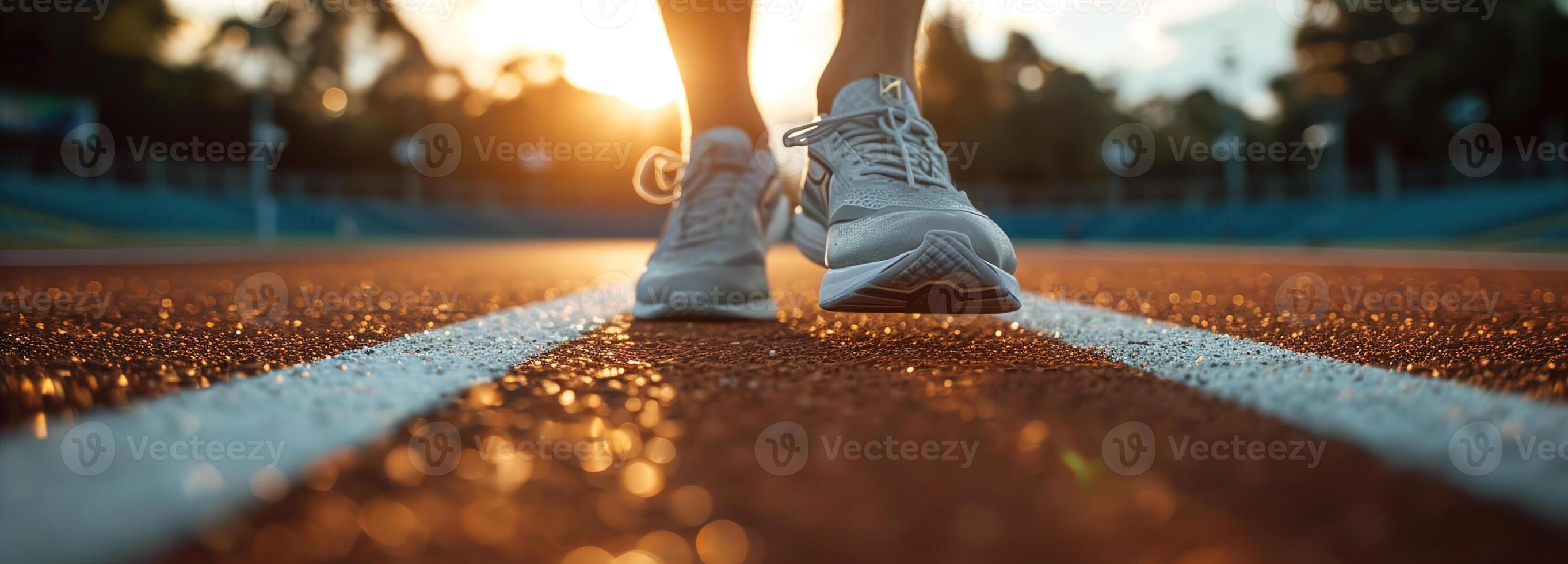 ai gegenereerd mannetje atleten voeten in rennen schoenen Aan stadion beginnend lijn, klaar voor bijhouden en veld- evenement, vastleggen essence van sport- toewijding en marathon voorbereiding, loper en Gezondheid concept foto