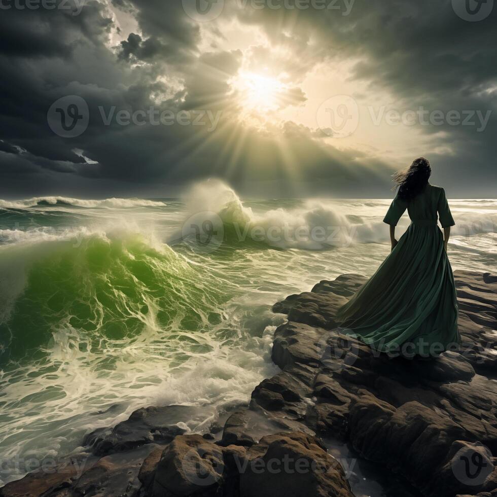 ai gegenereerd vrouw staand Aan kust van storm zee foto