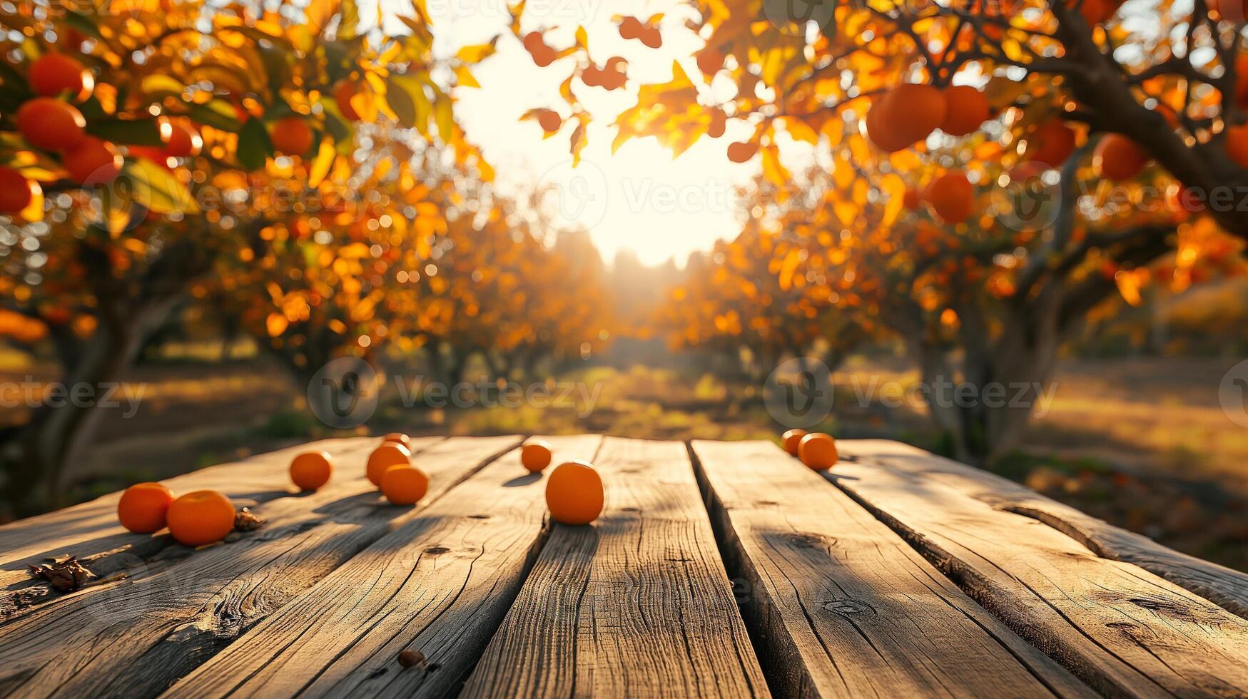 ai gegenereerd leeg hout tafel met vrij ruimte over- oranje bomen, oranje veld- achtergrond. voor Product Scherm montage foto