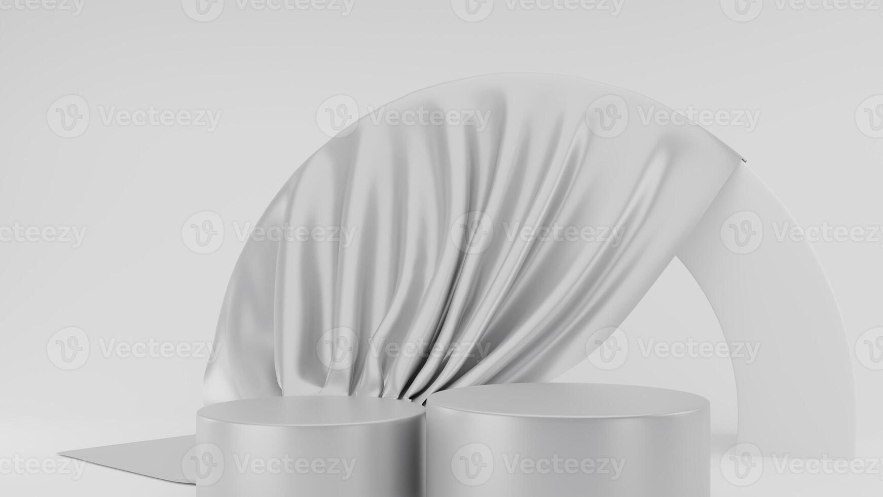 3d renderen kleding stof abstract wit achtergrond met zilver grijs podium foto