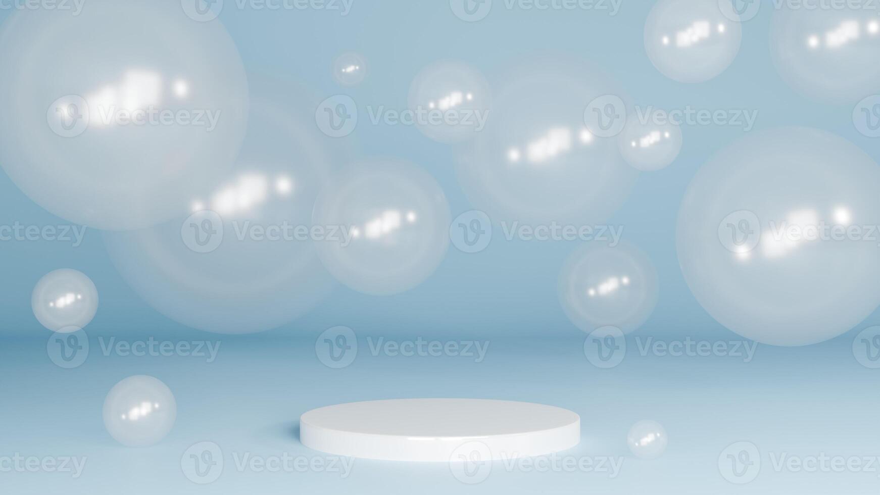 3d renderen pastel blauw achtergrond met podium en wit water bubbels foto