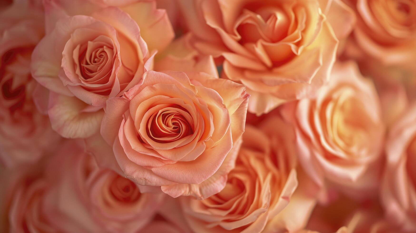 ai gegenereerd een detailopname foto onthullend de delicaat bloemblaadjes en ingewikkeld schoonheid van een roos patroon in zacht perzik tonen