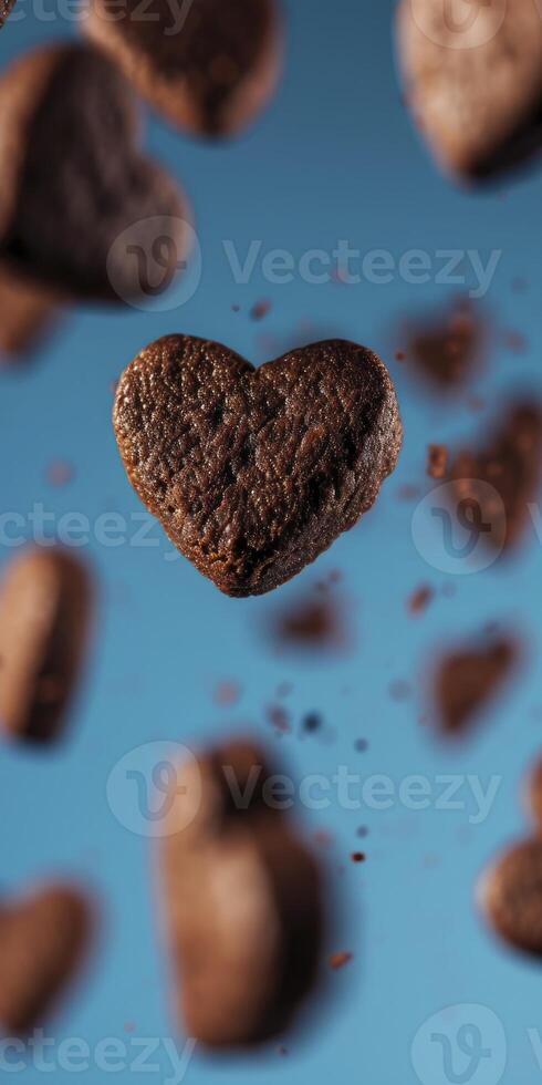 ai gegenereerd chocola koekjes in de vorm van harten vliegend tegen een blauw achtergrond foto