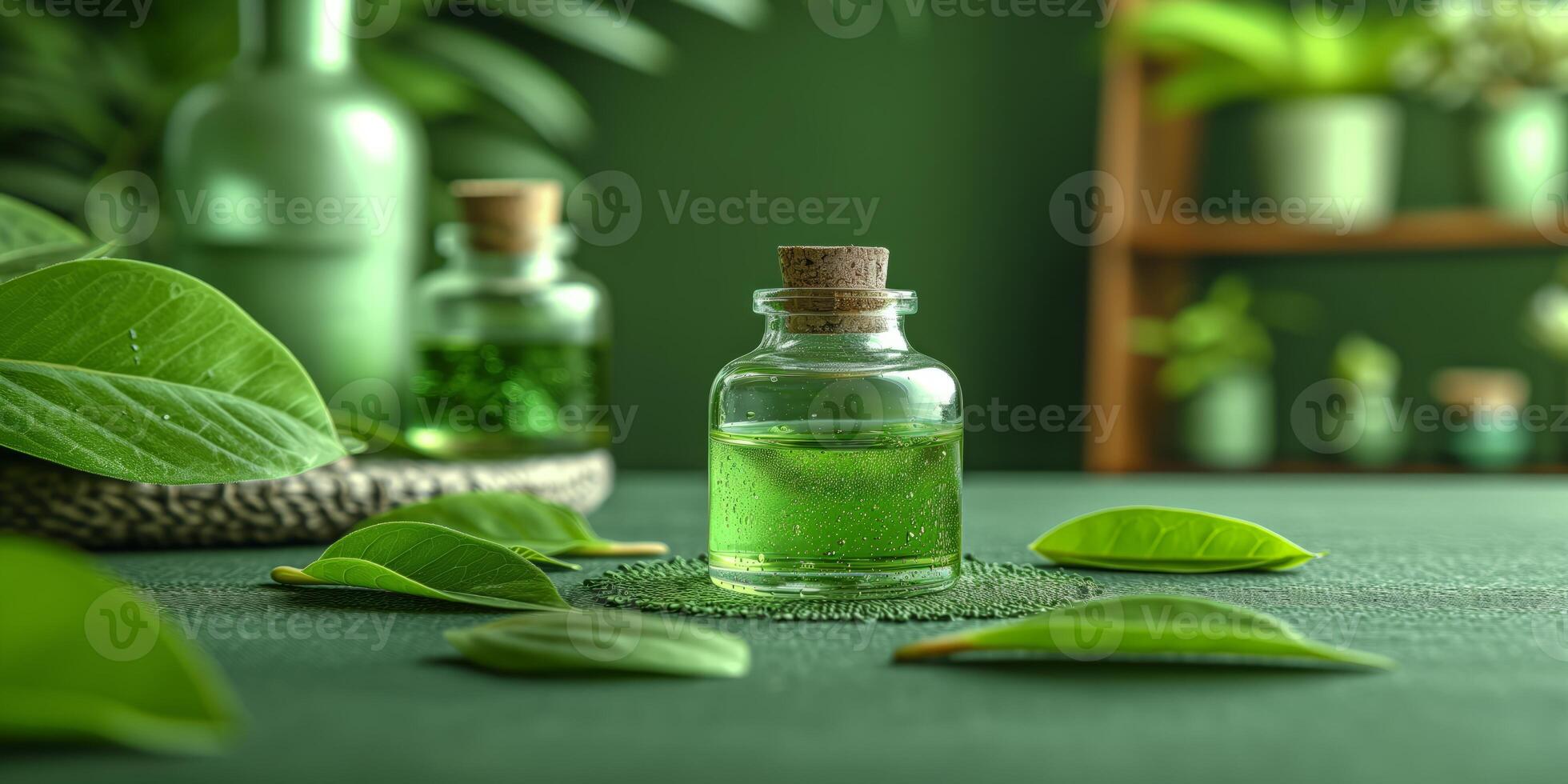 ai gegenereerd essentieel olie in transparant fles met groen bladeren Aan tafel foto