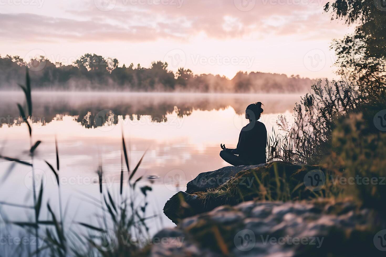 ai gegenereerd meditatie Bij zonsopkomst Aan nevelig oever van het meer foto