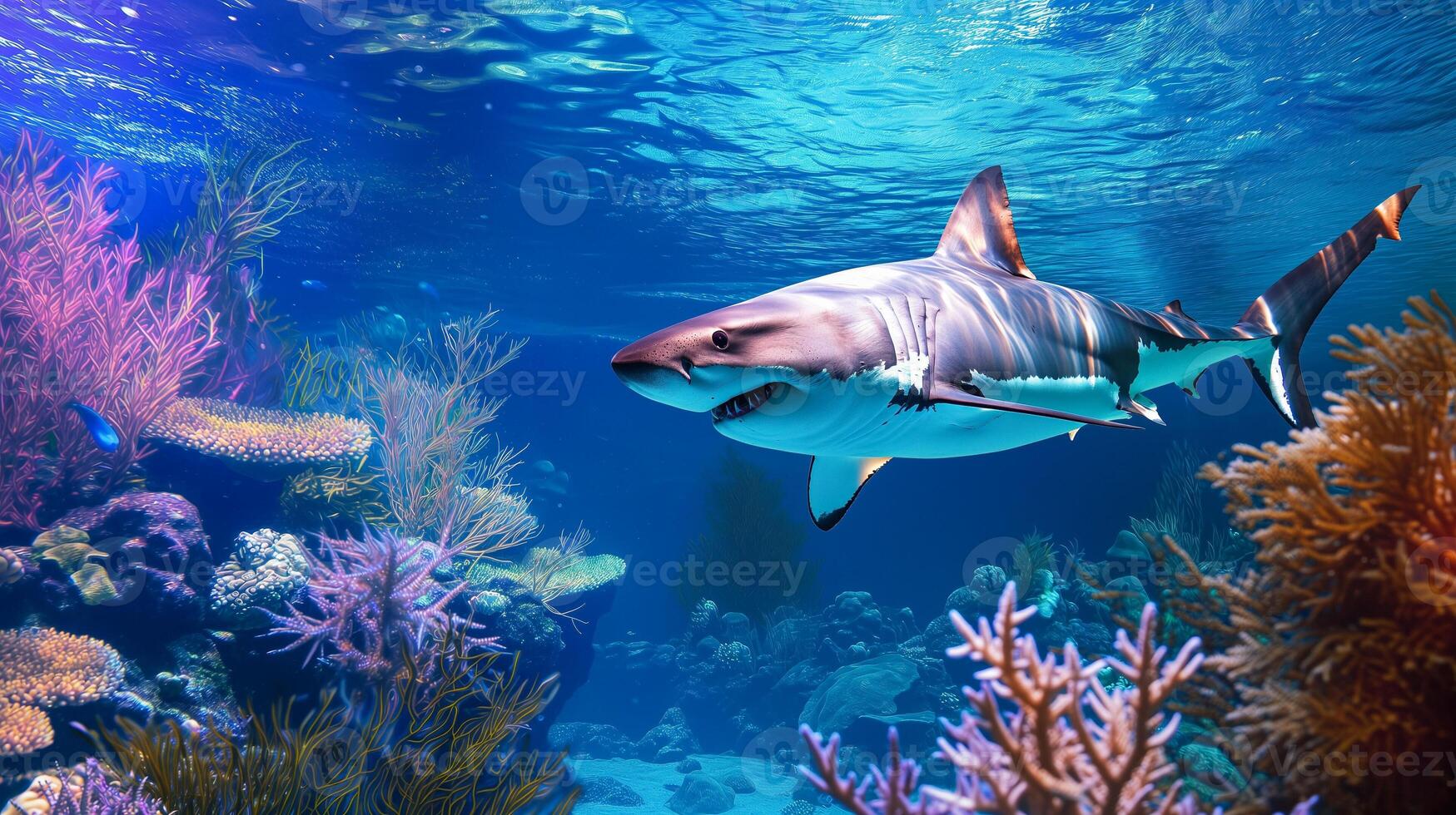 ai gegenereerd Super goed wit haai in koraal rif ecosysteem foto