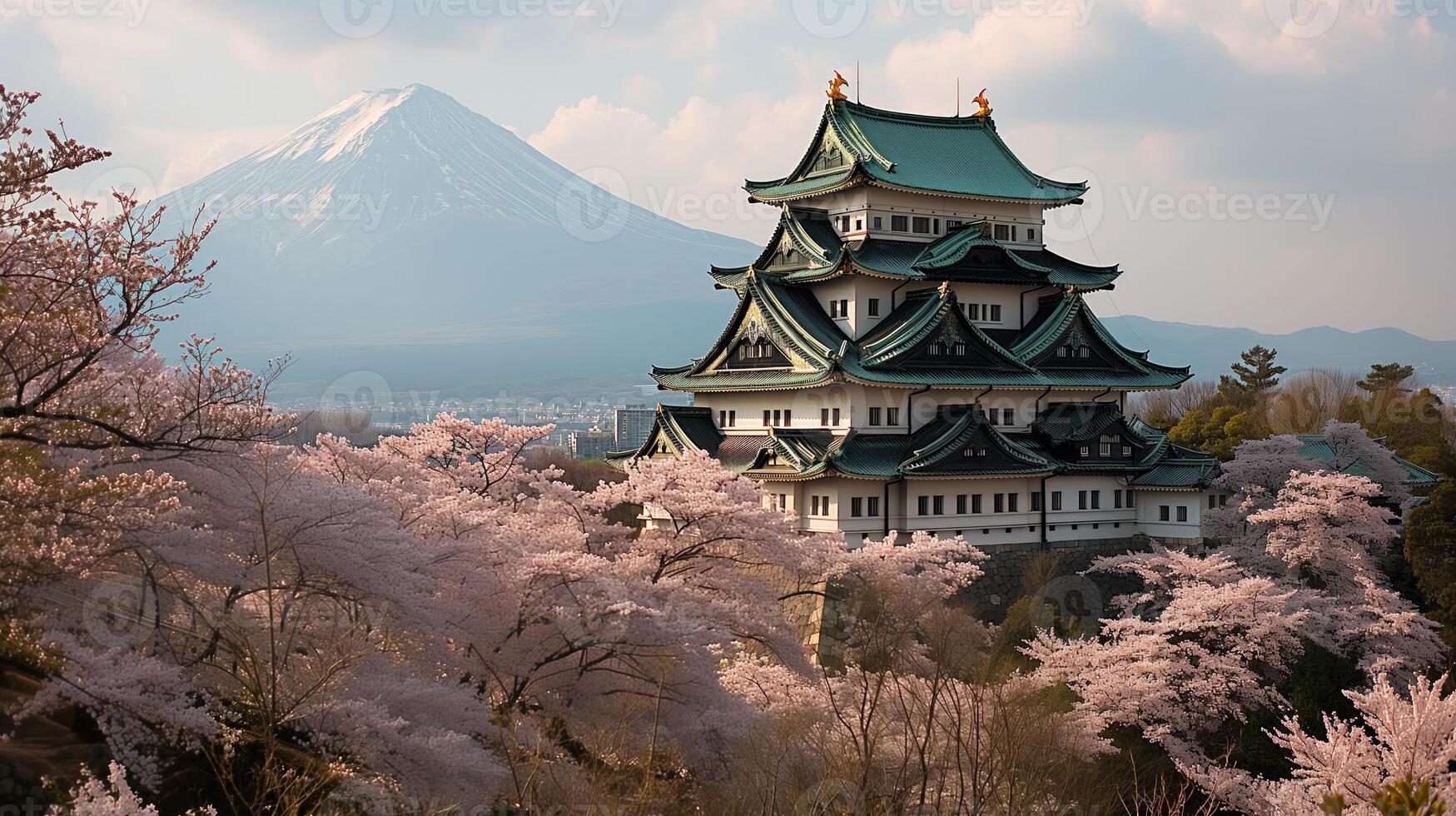 ai gegenereerd lente rust, Japans kasteel, kers bloesems fuji foto
