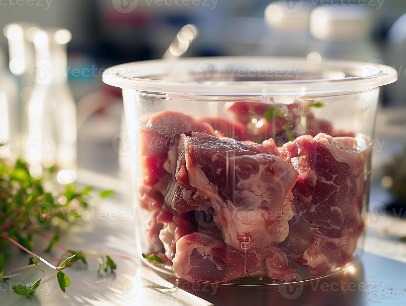 ai gegenereerd in het laboratorium gekweekte vlees. vlees monster in glas kop voor cel cultuur in laboratorium. concept van cultiveren zuiver vlees in vitro. synthetisch vlees gemaakt kunstmatig. fotorealistisch. foto