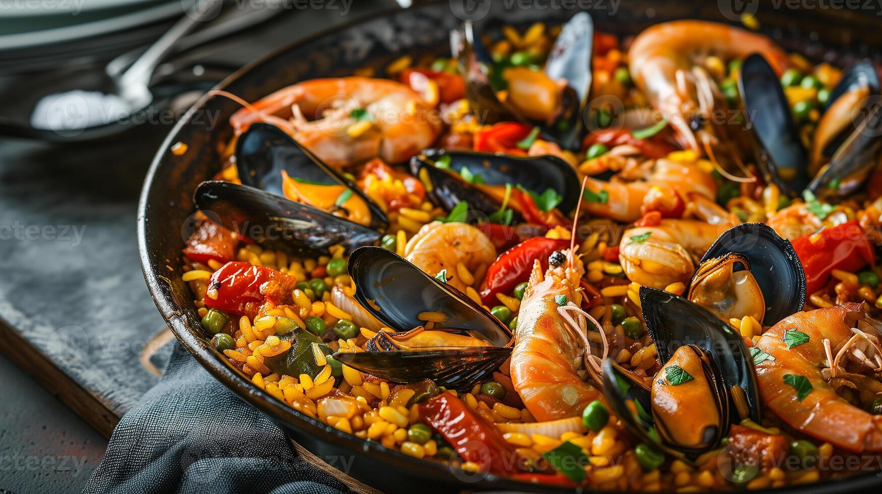 ai gegenereerd heerlijk traditioneel traditioneel paella in een frituren pan, zeevruchten, tomaten. fotorealistisch, achtergrond met bokeh effect. ai gegenereerd. foto