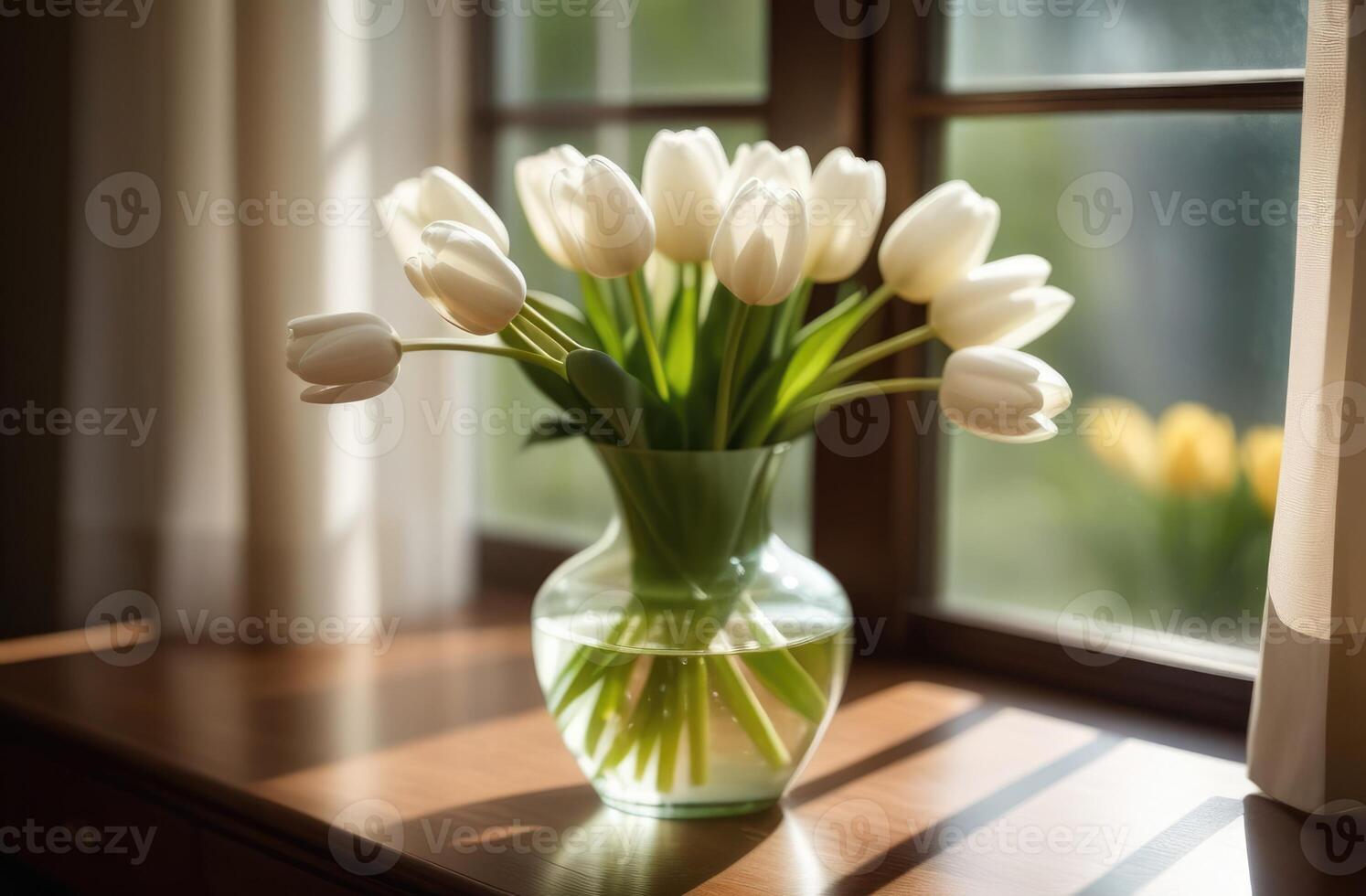 ai gegenereerd boeket van wit tulpen door de venster. lente, vakantie, vakantie met maart 8, moeder dag, verjaardag foto