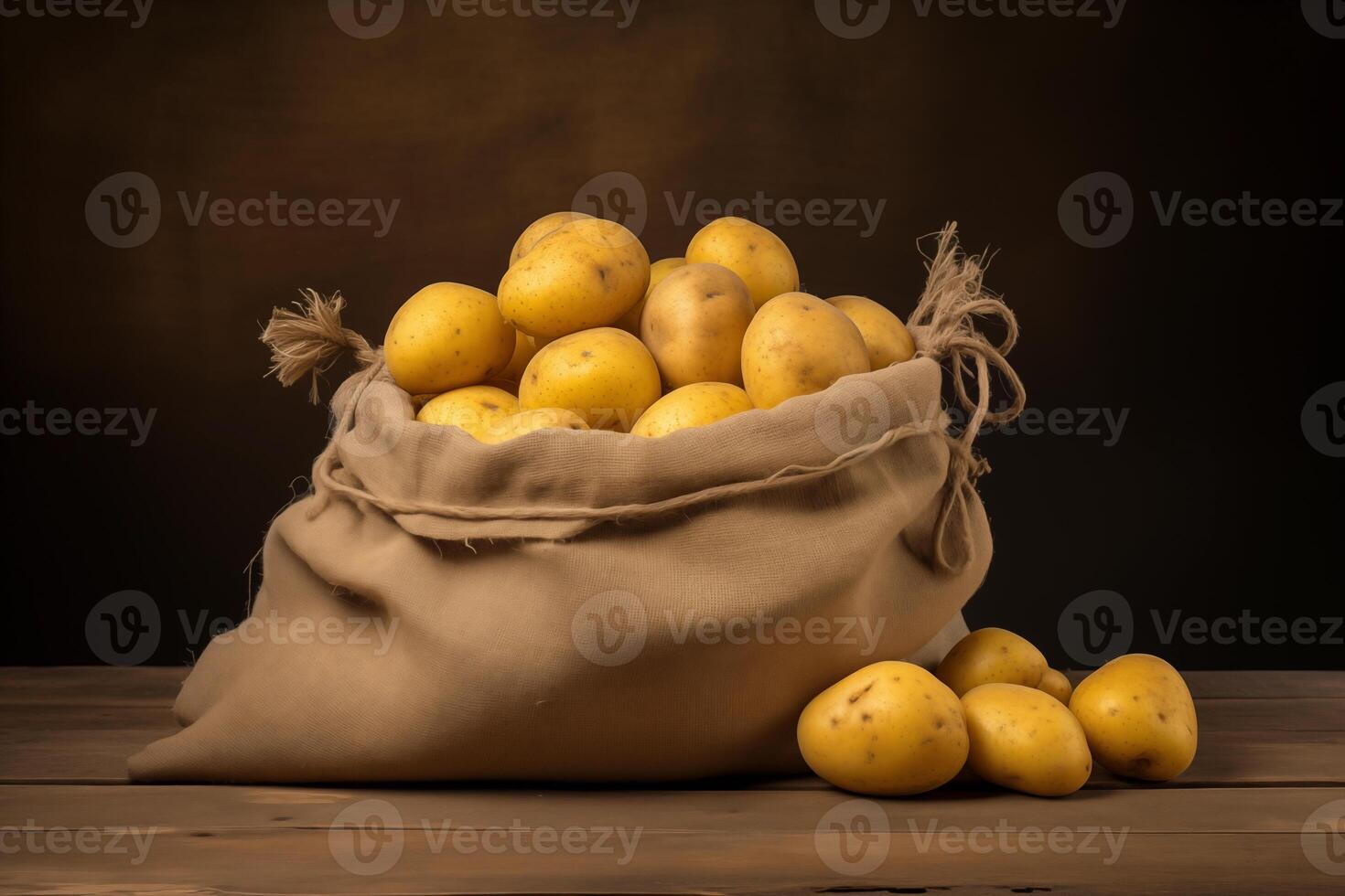 ai gegenereerd aardappelen in de buurt een jute zak Aan een houten tafel. ai generatief foto