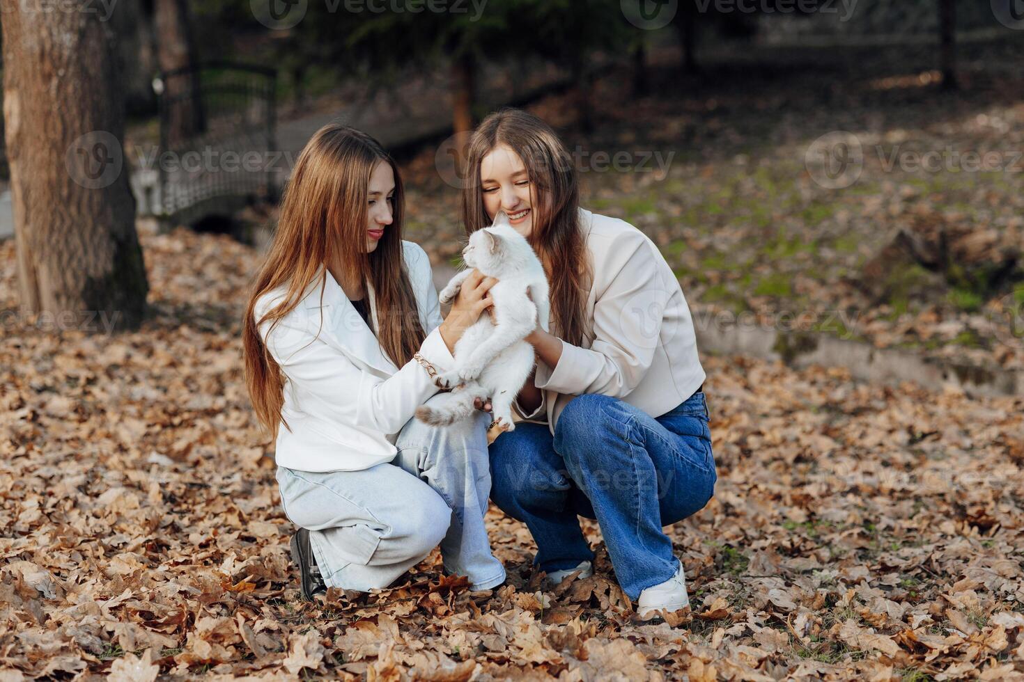 twee tiener- zusters. herfst in natuur. ze zitten Aan droog bladeren van bomen. ze communiceren met elk andere terwijl Holding een huisdier. ze is hebben een hart-tot-hart gesprek. het beste vrienden. privacy. foto