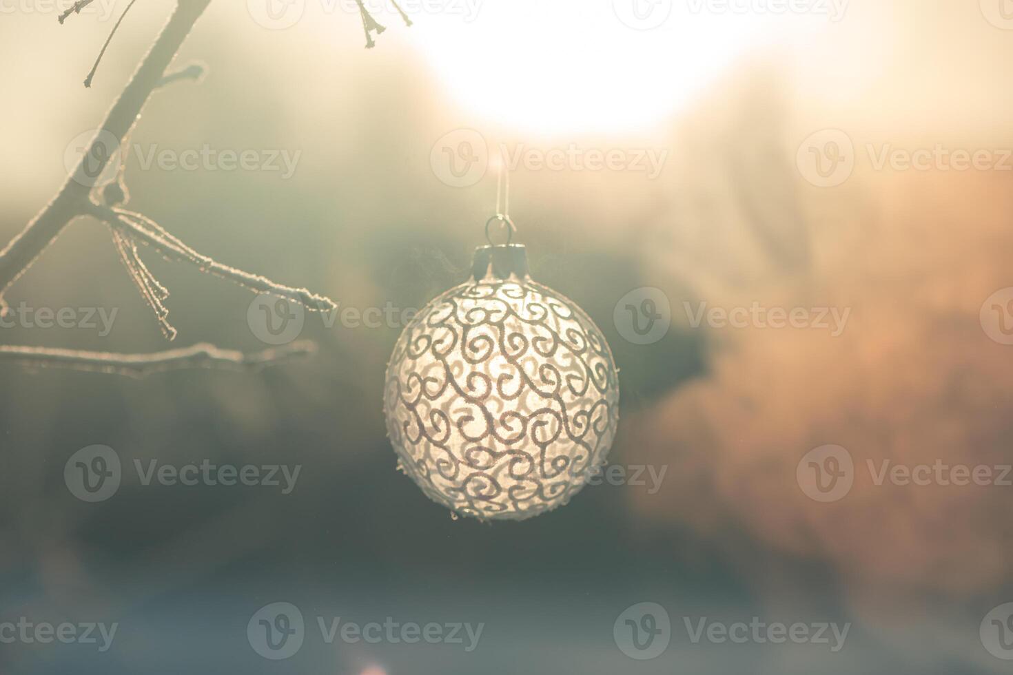 Kerstmis bal Aan boom buitenshuis, creatief foto, nieuw jaar, Kerstmis foto