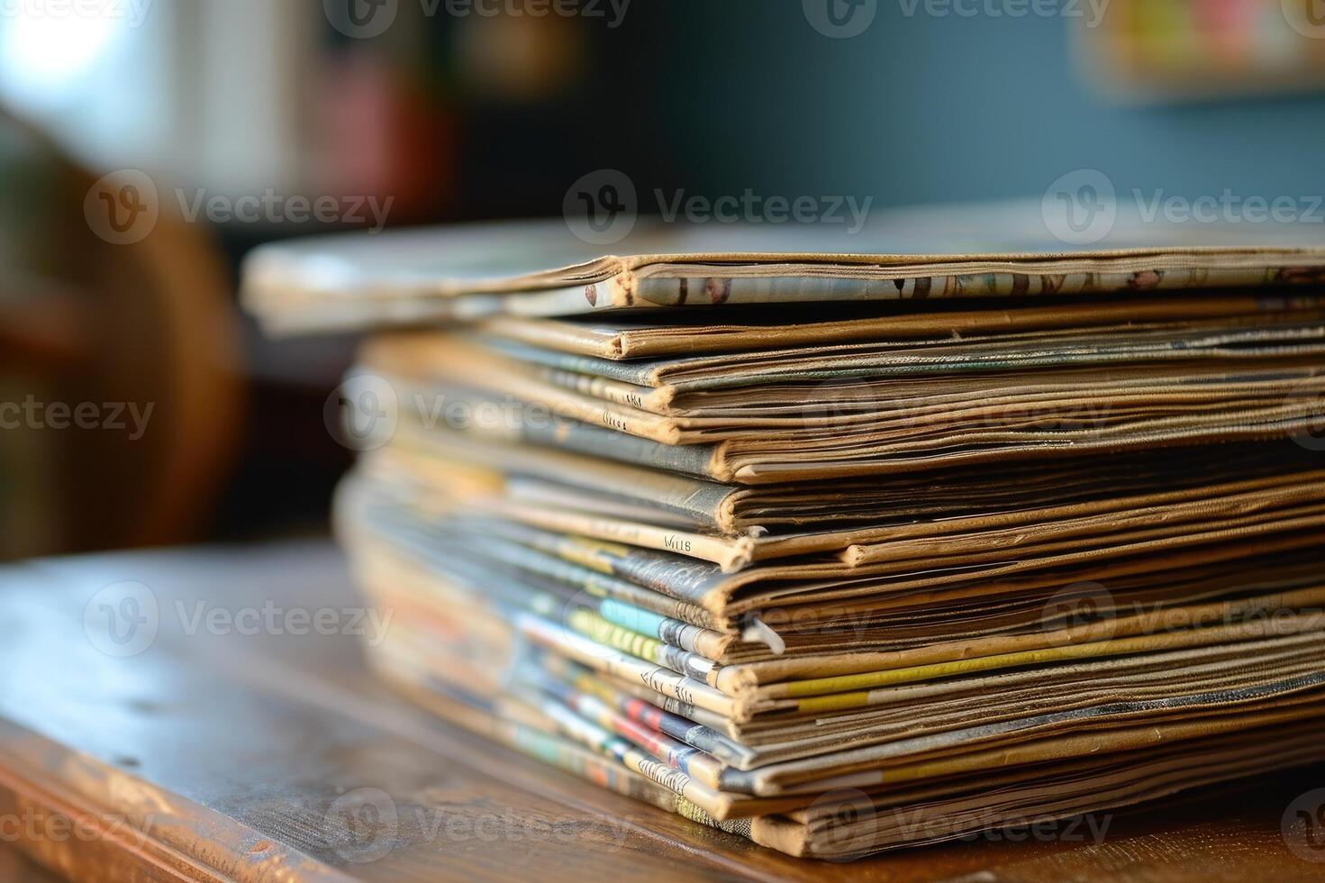 ai gegenereerd stack van tijdschriften Aan tafel foto