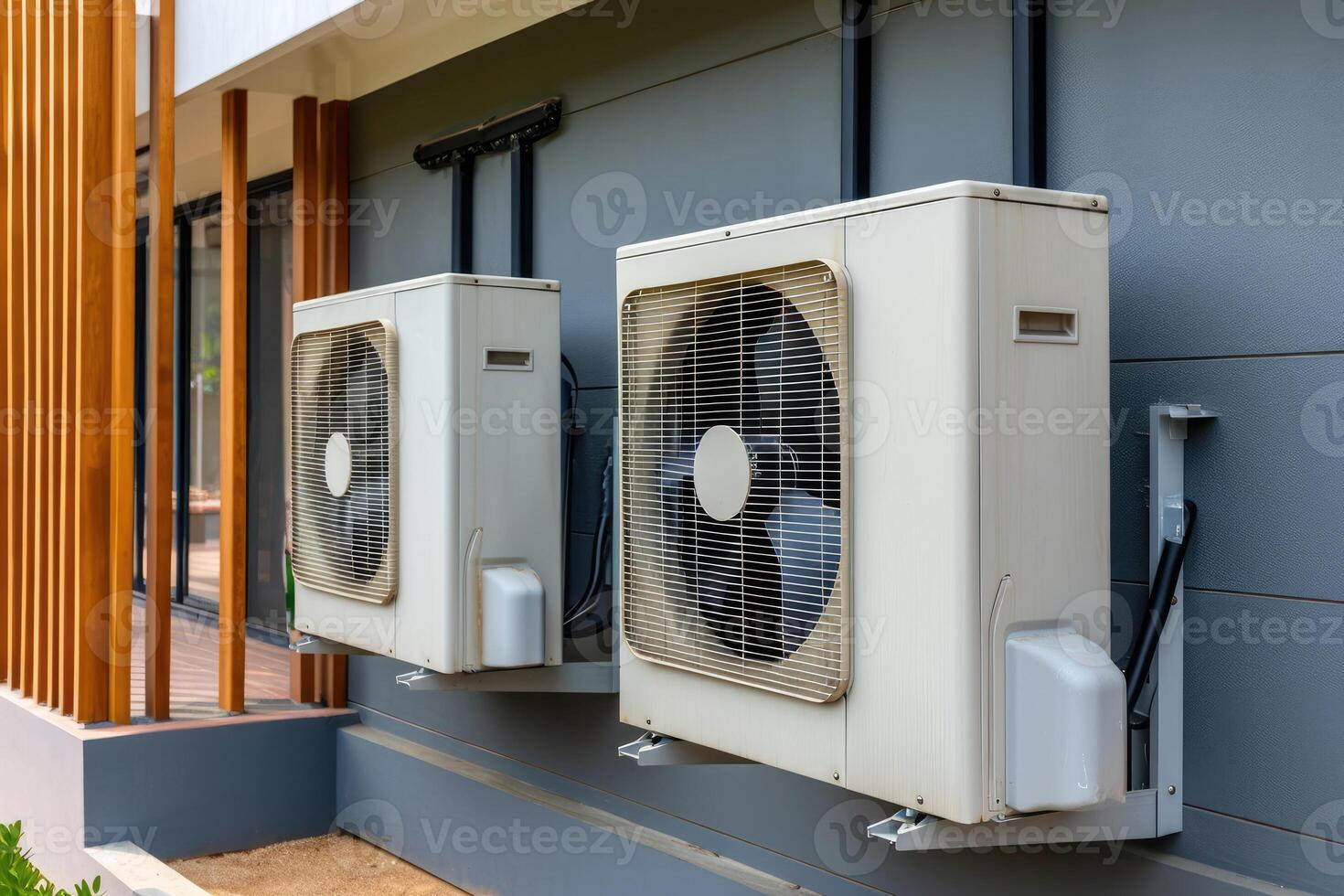 ai gegenereerd lucht bron warmte pomp geïnstalleerd in woon- gebouw. foto