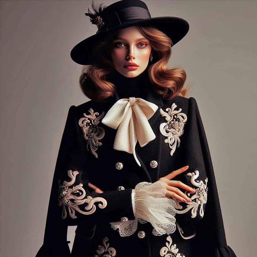 ai gegenereerd vervelend een zwart jas en hoed, een model- straalt uit een antiek voelen door haar rococo stijl en ontwerpen foto