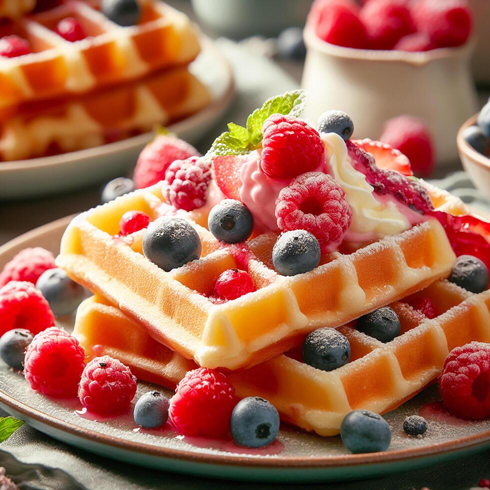 ai gegenereerd weens wafels, een zoet ontbijt toetje perfect voor kinderen. duiken in de detailopname visie van belgisch wafels bekroond met vers bessen foto