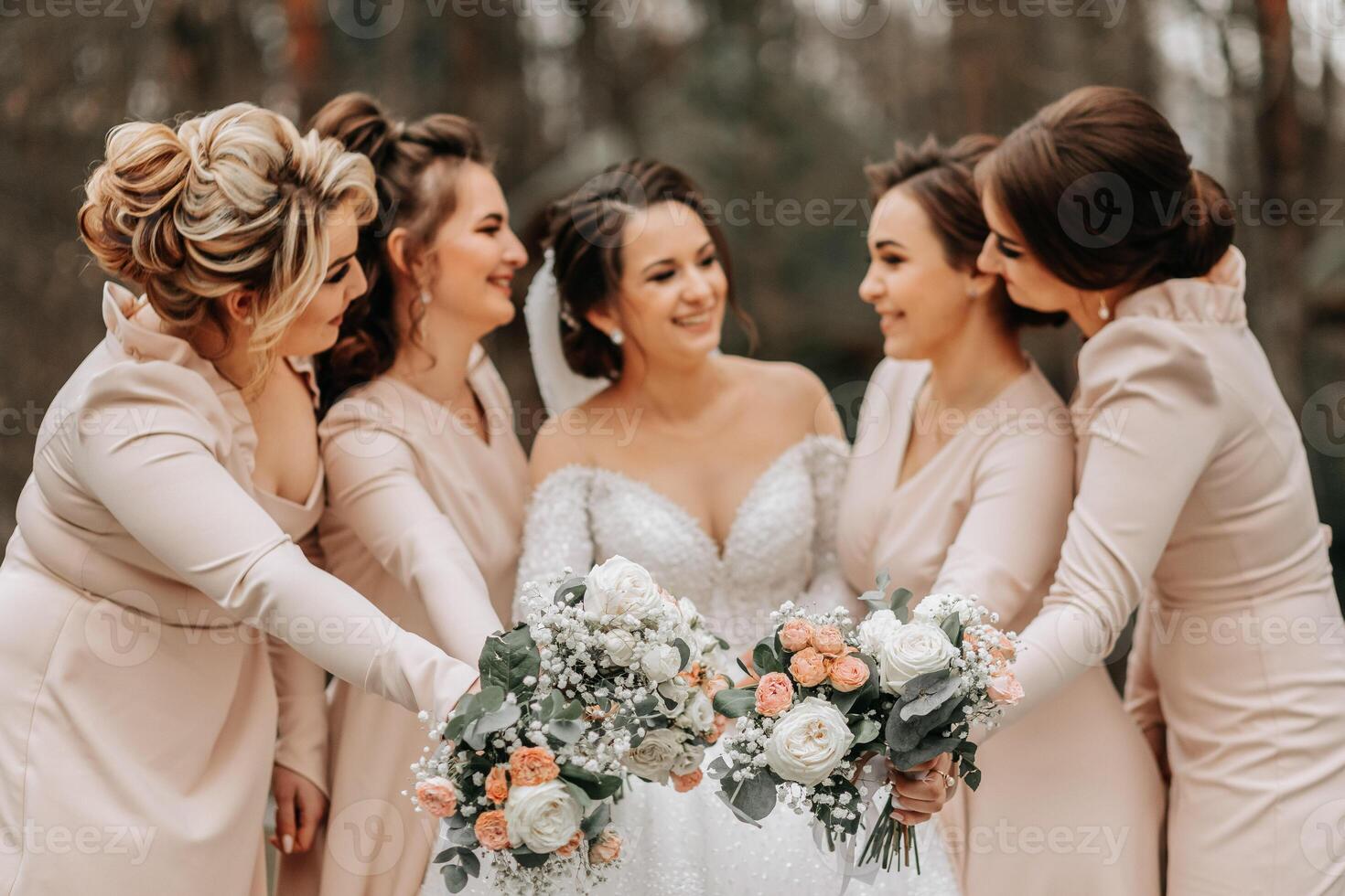 een brunette bruid in een wit elegant jurk en haar vrienden in grijs jurken houding met boeketten. bruiloft portret in natuur, bruiloft foto in licht kleuren.