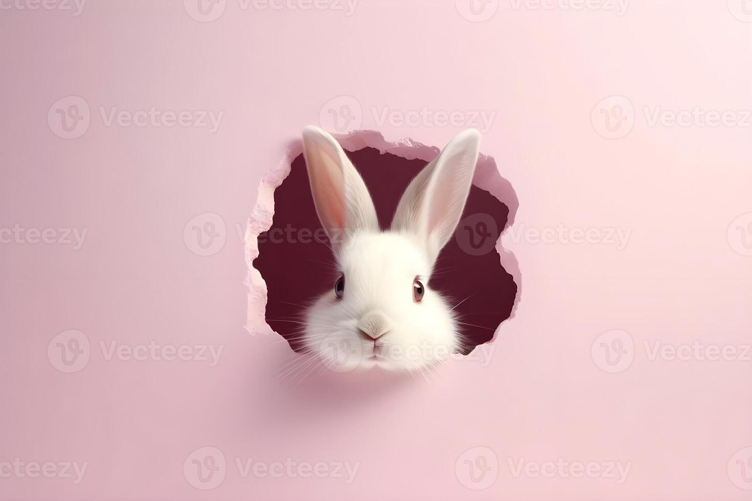 ai gegenereerd konijn gluurt uit van een gat Aan een roze achtergrond, kopiëren ruimte. foto
