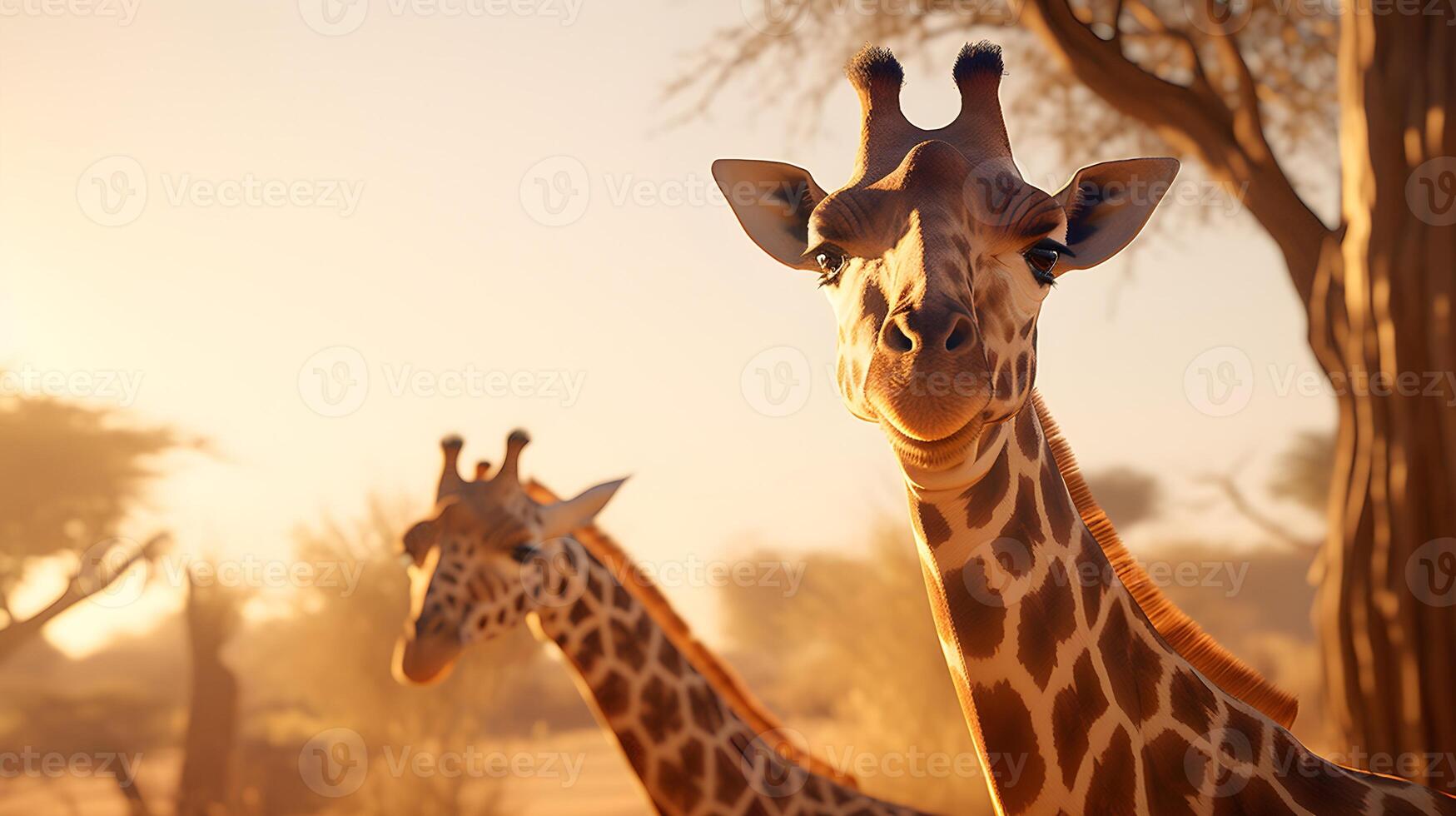 ai gegenereerd giraffe in de savanne Bij zonsondergang. foto