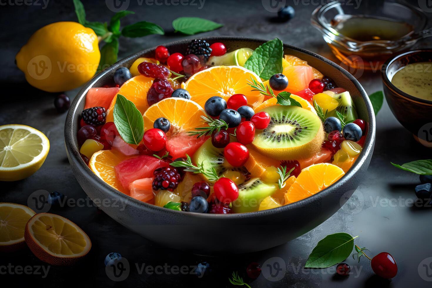 ai gegenereerd kom van gezond vers fruit salade Aan houten achtergrond. top visie. neurale netwerk ai gegenereerd foto