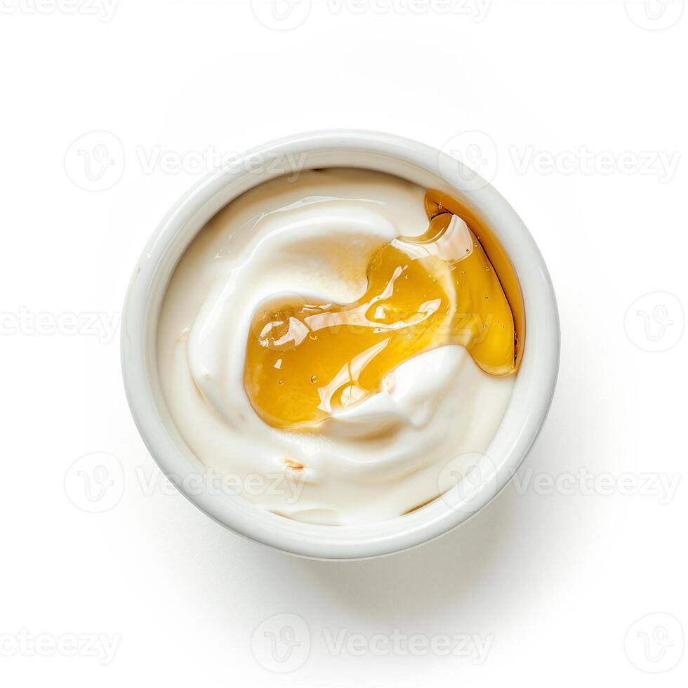 ai gegenereerd een houder van haver melk yoghurt met een motregen van rauw honing top visie geïsoleerd Aan een transparant achtergrond foto