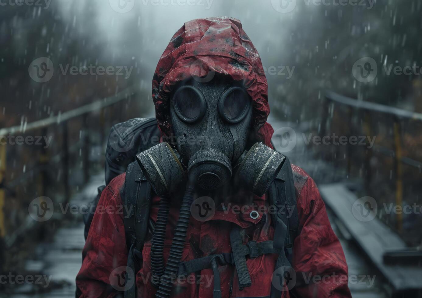 ai gegenereerd een Mens in rood pak met een gas- masker. een Mens staat stoutmoedig vervelend een gas- masker en een rood jasje, creëren een levendig contrast in uiterlijk. foto