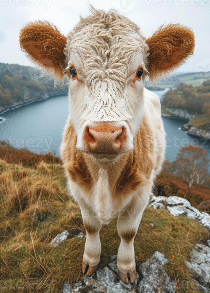 ai gegenereerd jong kalf looks merkwaardig Bij de camera terwijl staand Aan met gras begroeid klif met lichaam van water in de achtergrond foto