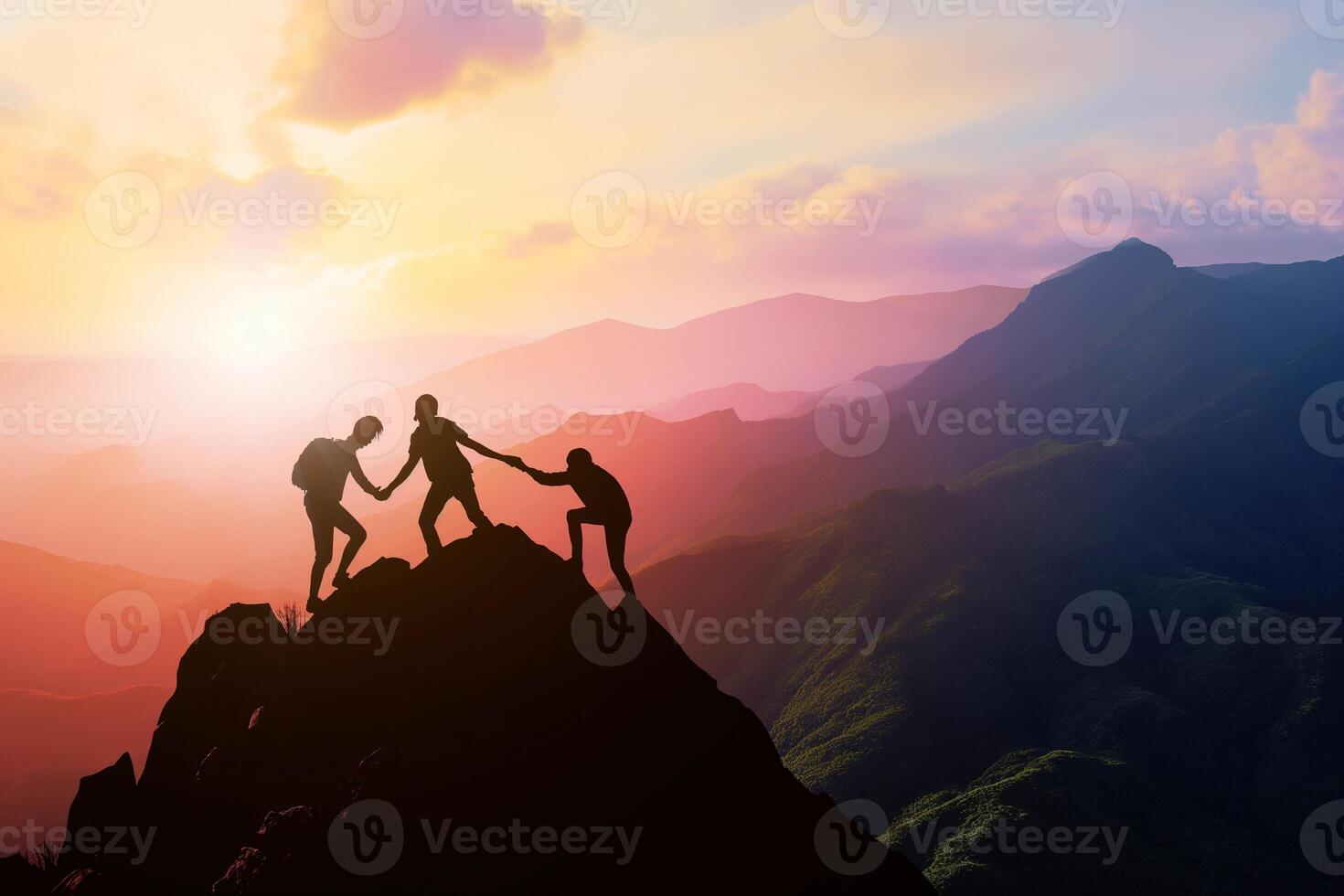 ai gegenereerd silhouet drie mensen helpen elk andere wandeltocht omhoog een berg Bij zonsopkomst of zonsondergang. geven een helpen hand. reizen wandelen reis concept. foto