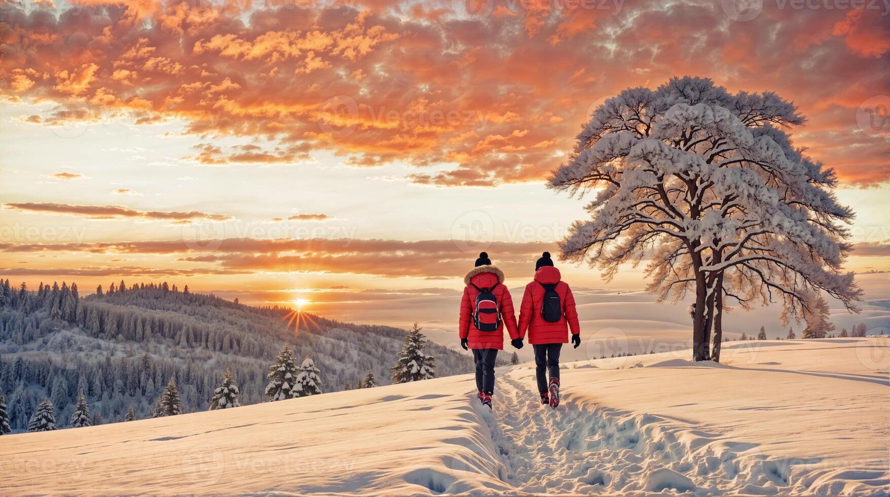 ai gegenereerd een paar in rood jassen wandelingen in de sneeuw, Holding handen. ze zijn in voorkant van een boom en een zonsondergang. foto