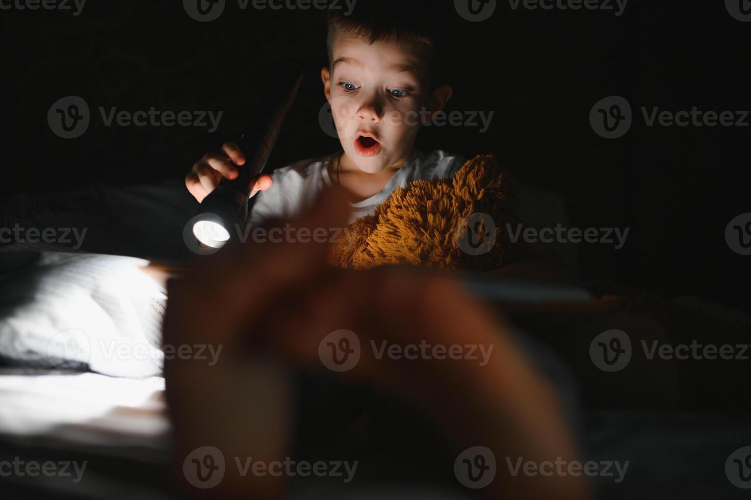 portret van schattig weinig jongen lezing in bed met zaklamp in donker kamer, genieten van sprookjes. foto