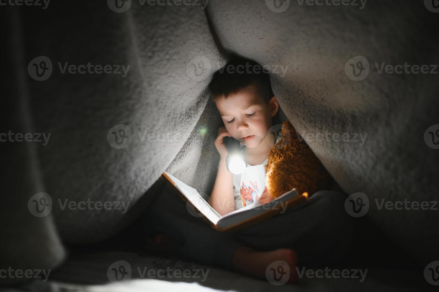 kind lezing boek in bed. kinderen lezen Bij nacht. weinig jongen met fee verhaal boeken in slaapkamer . onderwijs voor jong kinderen. bedtijd verhaal in de avond. schattig kind onder deken in donker kamer met lamp foto