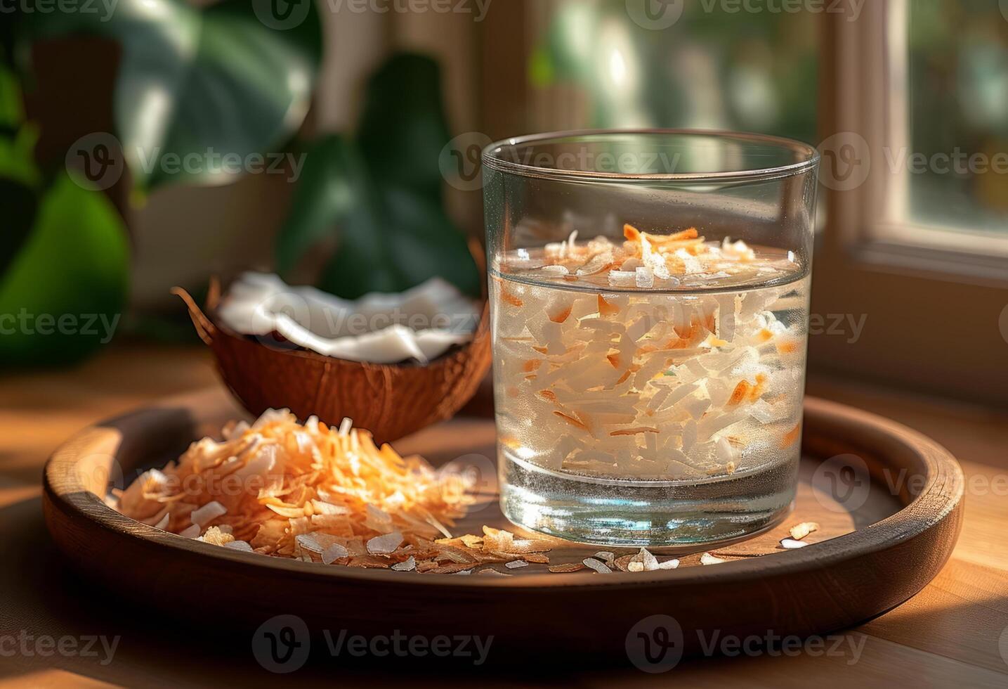 ai gegenereerd glas van kokosnoot water De volgende naar kom van kokosnoot vlokken foto