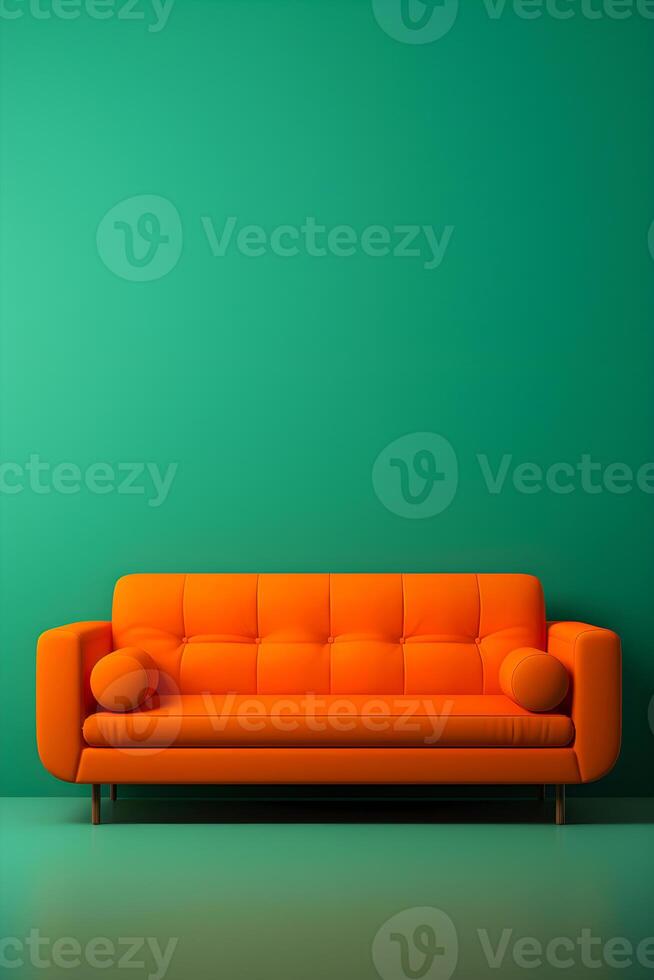 ai gegenereerd minimalistisch oranje sofa in een groen interieur. ai gegenereerd foto