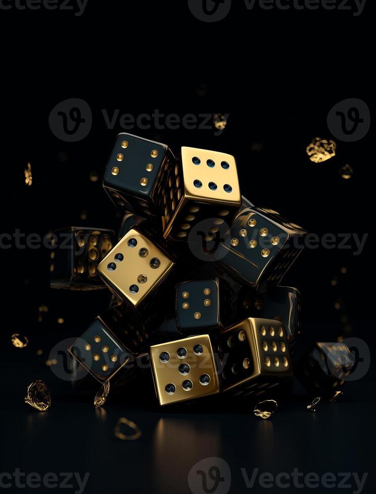ai gegenereerd casino spel met goud Dobbelsteen Aan zwart achtergrond. een stapel van zwart en goud dobbelstenen Aan een tafel foto