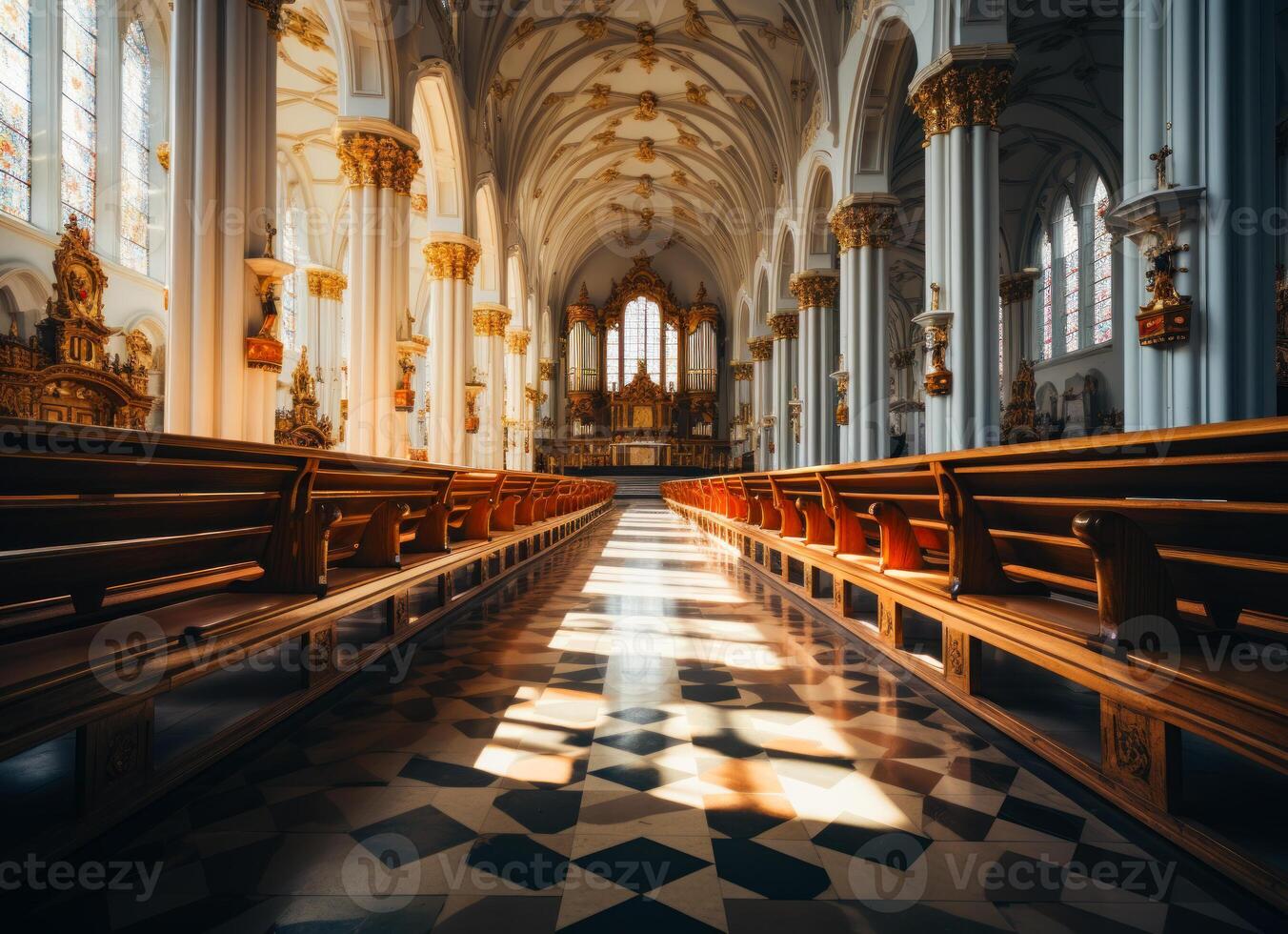 ai gegenereerd kerk interieur premie foto. een kerk met een geruit verdieping en rijen van kerkbanken foto