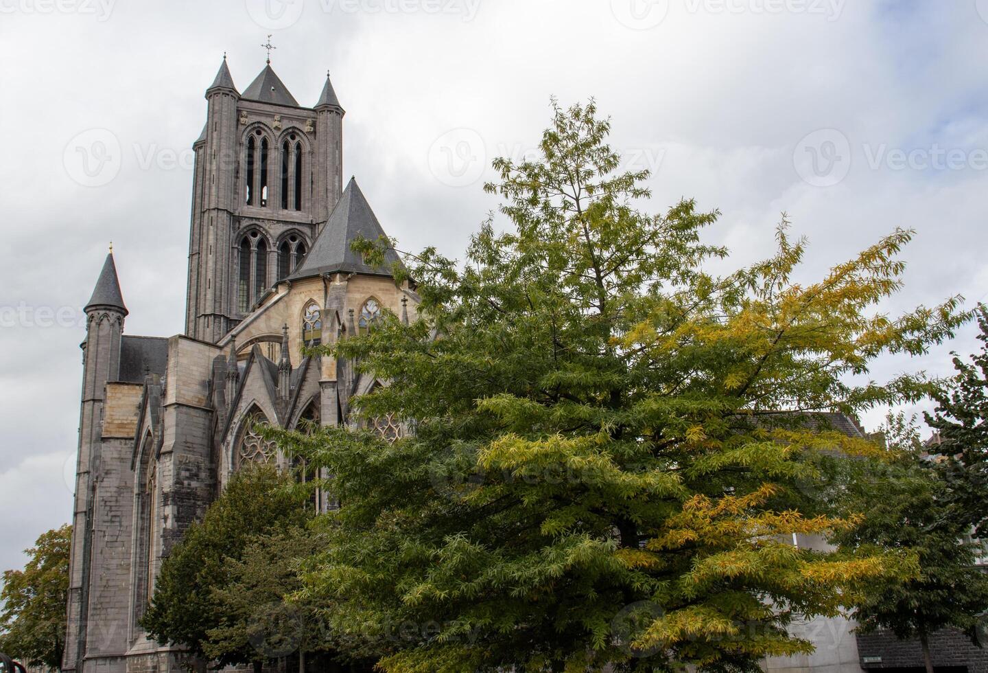 herfst visie van heilige Nicolaas' kerk in gent ingelijst door een levendig boom met gouden bladeren foto