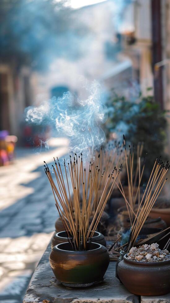 ai gegenereerd aromatisch wierook aanbieden vredig gevoel Aan een straat foto